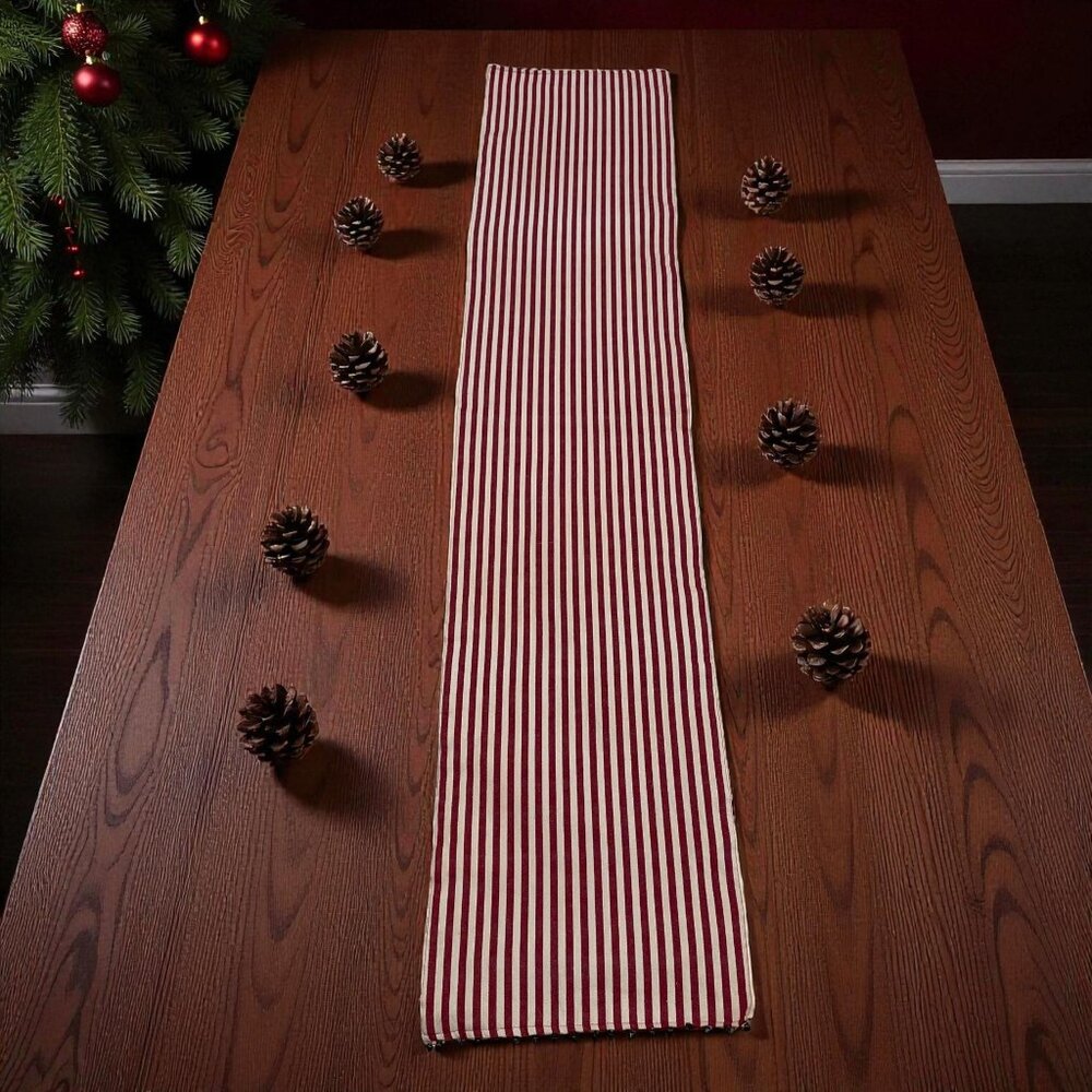 Red Striped Table Runner Jingle Bell Trim Farmhouse Coastal Nautical Cottagecore